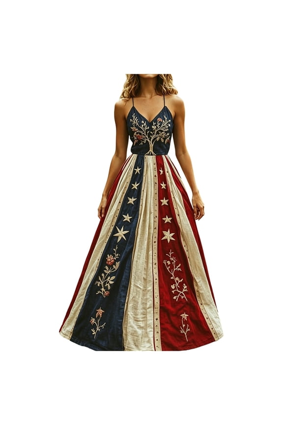 Women's 4th of July Patriotic Floral Maxi Dress, American Flag & Rose Print Spaghetti Strap Long Dress, Casual Sleeveless Independence Day Sundress for Summer(Dark Blue/XL)