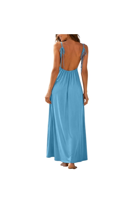 Women's Adjustable Spaghetti Strap Backless Maxi Dress, Loose Fit Solid Color Beach Sundress, Casual Summer Long Dress for Vacation & Daily Wear(Blue/S)