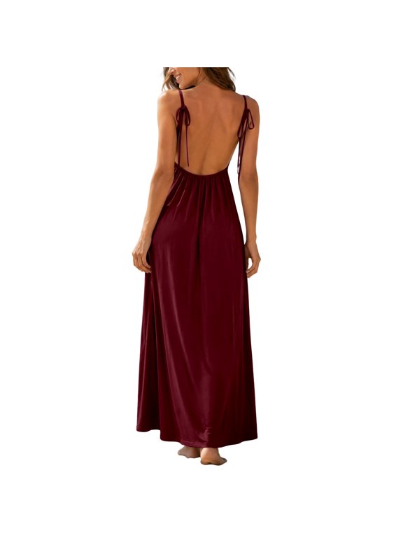 Women's Adjustable Spaghetti Strap Backless Maxi Dress, Loose Fit Solid Color Beach Sundress, Casual Summer Long Dress for Vacation & Daily Wear(Red/XL)