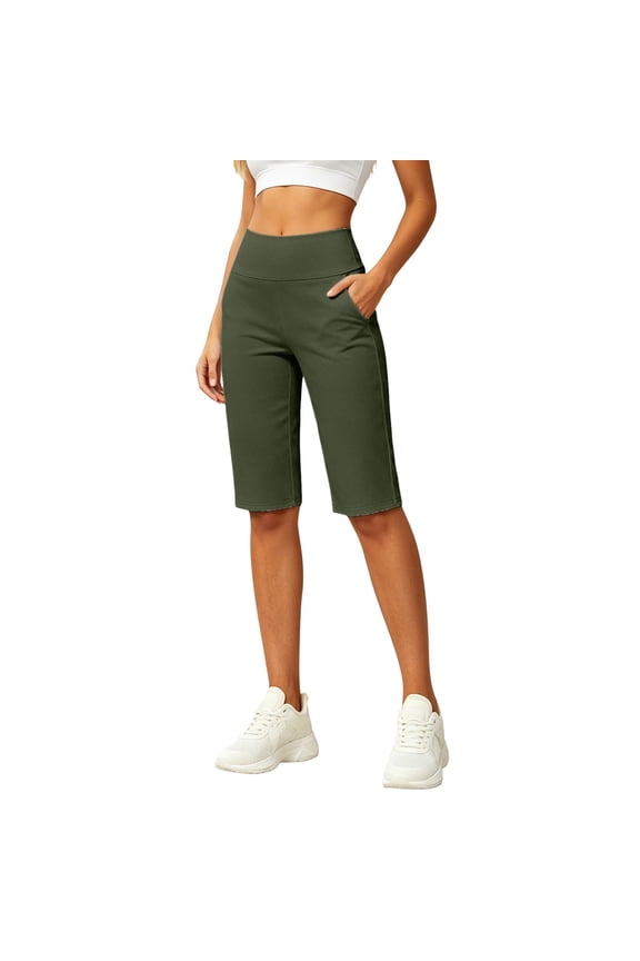 Women's Bermuda Long Shorts Knee Length with Pockets High Waisted Shorts for Women Lounge Walking Athletic(Army Green/S)