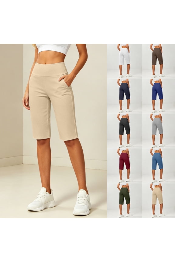 Women's Bermuda Long Shorts Knee Length with Pockets High Waisted Shorts for Women Lounge Walking Athletic(Beige/L)