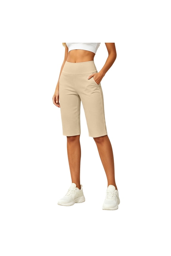 Women's Bermuda Long Shorts Knee Length with Pockets High Waisted Shorts for Women Lounge Walking Athletic(Beige/M)