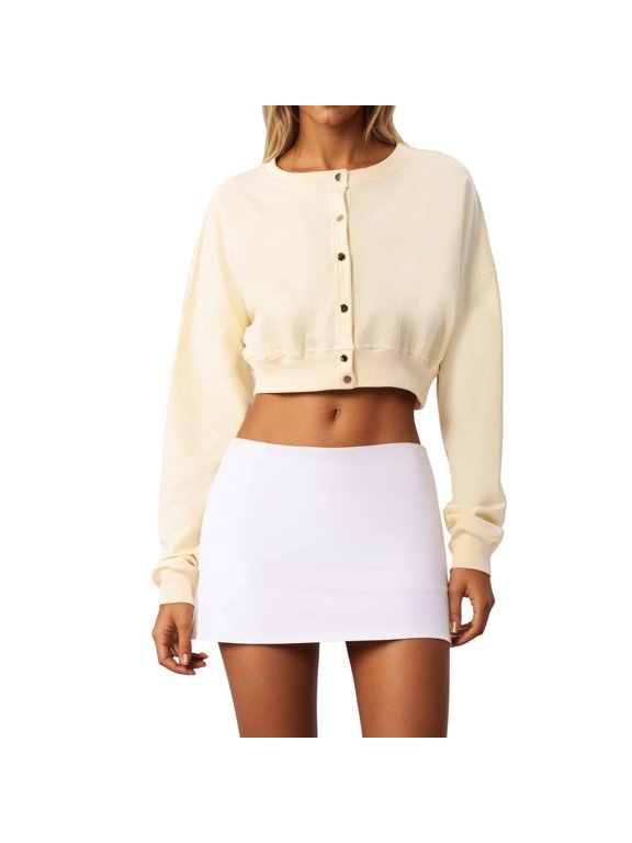 Women’s Button Down Cropped Cardigan Sweatshirt, Oversized Long Sleeve Lightweight Cropped Bomber Jacket, Solid Casual Layering Top for Spring Fall Daily Lounge Workout(Light Yellow/S)
