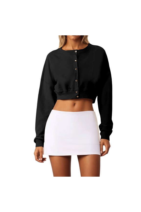 Women’s Button Down Cropped Cardigan Sweatshirt, Oversized Long Sleeve Lightweight Cropped Bomber Jacket, Solid Casual Layering Top for Spring Fall Daily Lounge Workout(Black/S)