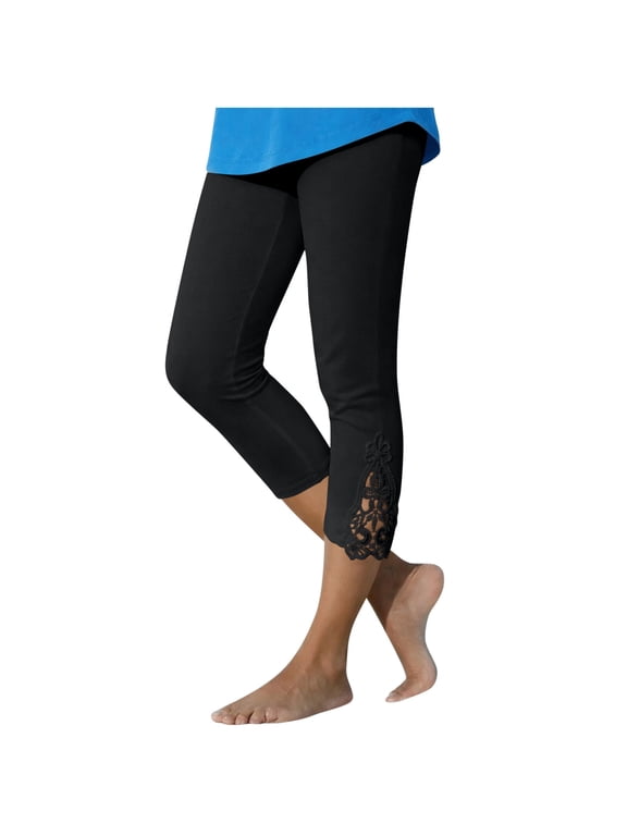 Women's Capri Legging with Lace Cutout Elastic Waist Capri Pants Stretch Summer Casual Lounge Cropped Pant,2XL,Black