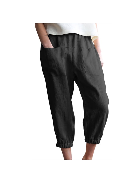 Women's Capri Leggings Knee Length Cotton Capris with Pockets,High Waisted Printing Yoga Workout for Casual Summer Beach Cropped Pants,L,Black
