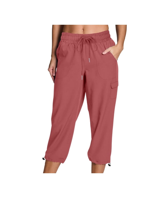 Women's Cargo Capri Pant with Pockets Fashion Lightweight Hiking Pants Drawstring Waist Outdoor Cropped Joggers,XL,Watermelon Red