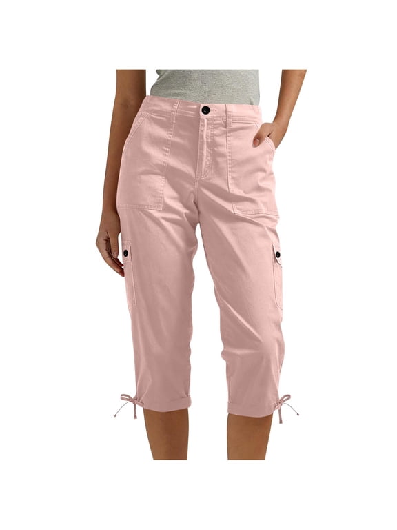 Women's Cargo Capris Button Waist Hiking Travel Pants Lightweight Outdoor Casual Work Capri Pants with Pockets,M,Pink