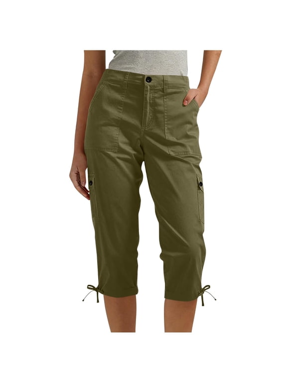 Women's Cargo Capris Button Waist Hiking Travel Pants Lightweight Outdoor Casual Work Capri Pants with Pockets,S,Army Green