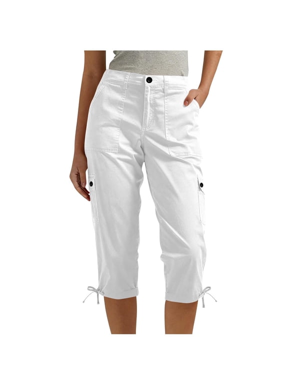 Women's Cargo Capris Button Waist Hiking Travel Pants Lightweight Outdoor Casual Work Capri Pants with Pockets,XL,White