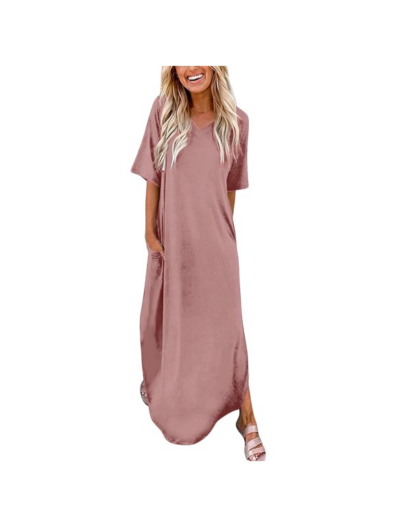 Women's Casual V Neck Maxi Dress, Short Sleeve Loose Fit Long Dress with Pockets, Beach Vacation Daily Wear Summer Dresses for Women(Pink/M)