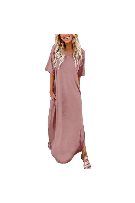 Women's Casual V Neck Maxi Dress, Short Sleeve Loose Fit Long Dress with Pockets, Beach Vacation Daily Wear Summer Dresses for Women(Pink/M)