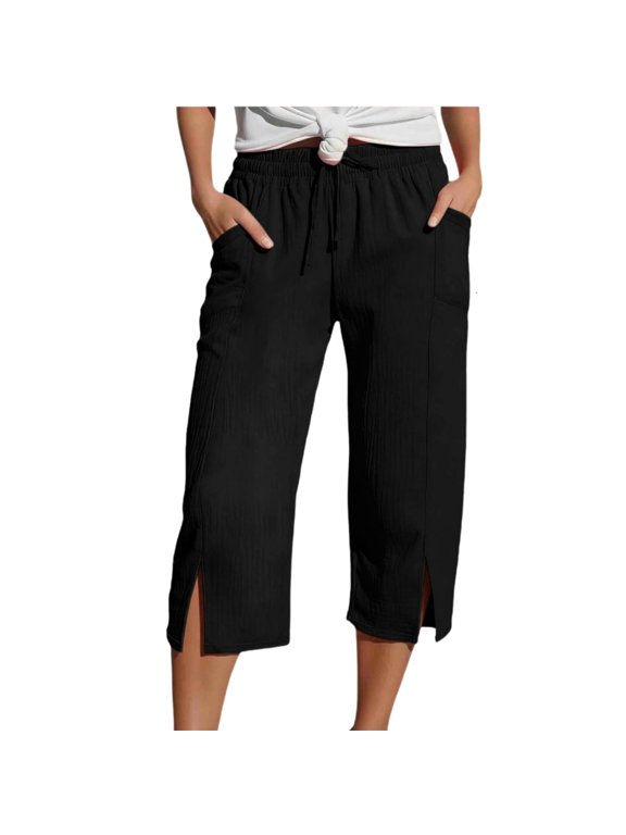 Womens Cotton Linen Capri Pants, Elastic Drawstring Waist Wide Leg Cropped Trousers with Pockets, Loose Fit Casual Yoga Pants(Black/M)