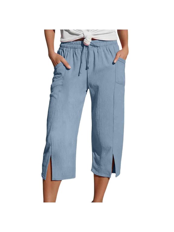 Womens Cotton Linen Capri Pants, Elastic Drawstring Waist Wide Leg Cropped Trousers with Pockets, Loose Fit Casual Yoga Pants(Blue/S)