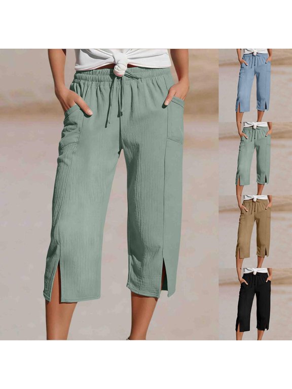 Womens Cotton Linen Capri Pants, Elastic Drawstring Waist Wide Leg Cropped Trousers with Pockets, Loose Fit Casual Yoga Pants(Green/L)
