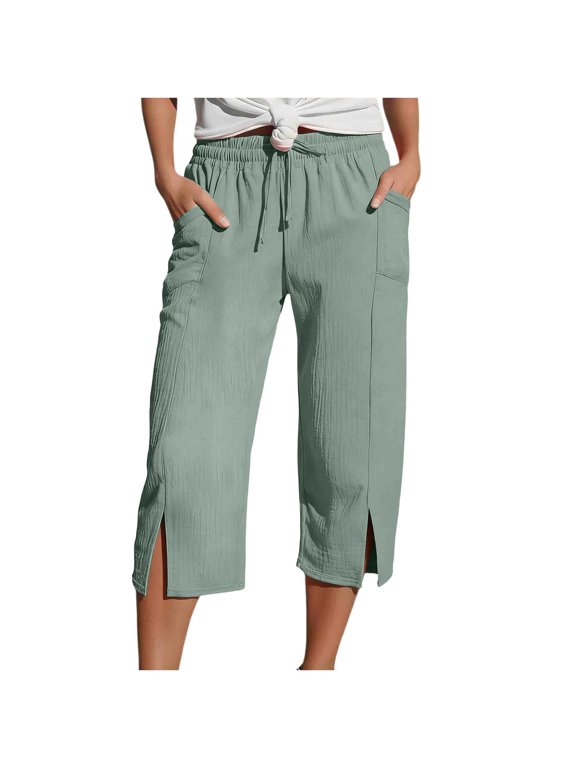 Womens Cotton Linen Capri Pants, Elastic Drawstring Waist Wide Leg Cropped Trousers with Pockets, Loose Fit Casual Yoga Pants(Green/XL)