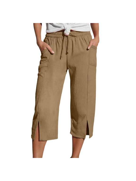 Womens Cotton Linen Capri Pants, Elastic Drawstring Waist Wide Leg Cropped Trousers with Pockets, Loose Fit Casual Yoga Pants(Khaki/S)