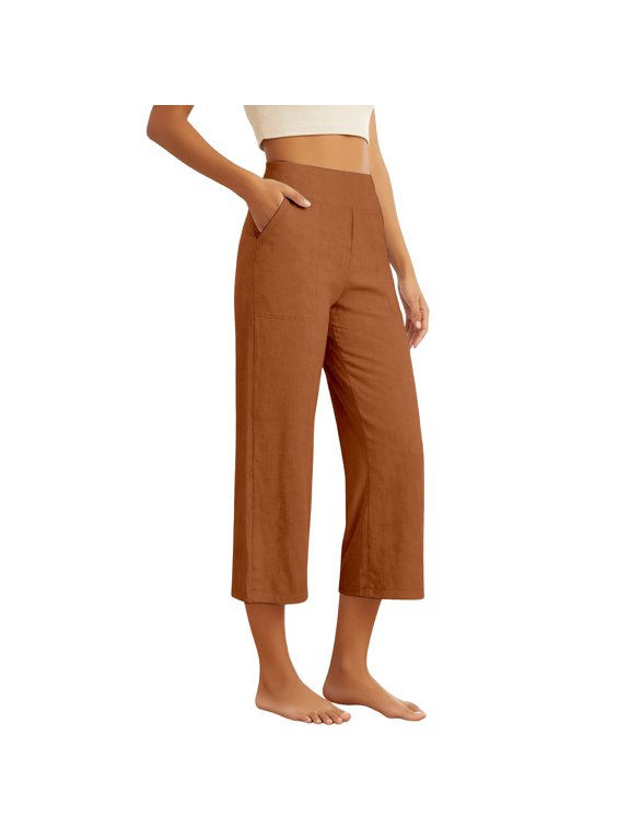 Women's Cotton Linen Capri Pants, High Waist Elastic Wide Leg Cropped Trousers, Casual Loose Fit Summer Pants with Pockets(Coffee/M)