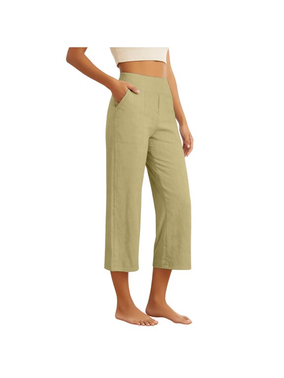 Women's Cotton Linen Capri Pants, High Waist Elastic Wide Leg Cropped Trousers, Casual Loose Fit Summer Pants with Pockets(Khaki/L)