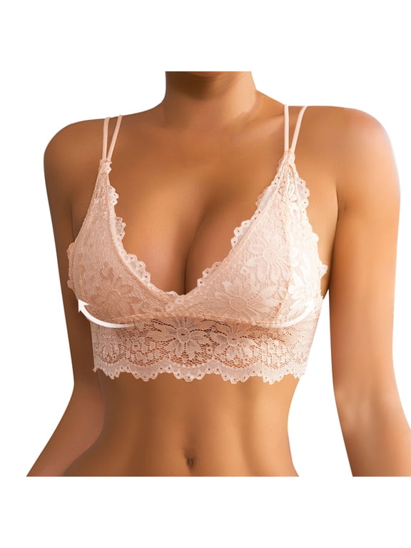 Women's Floral Lace Bralettes Deep V Triangle Plunge Wireless Bras Cami Strappy Unpadded Lingerie Camisole Tops,M,Beige