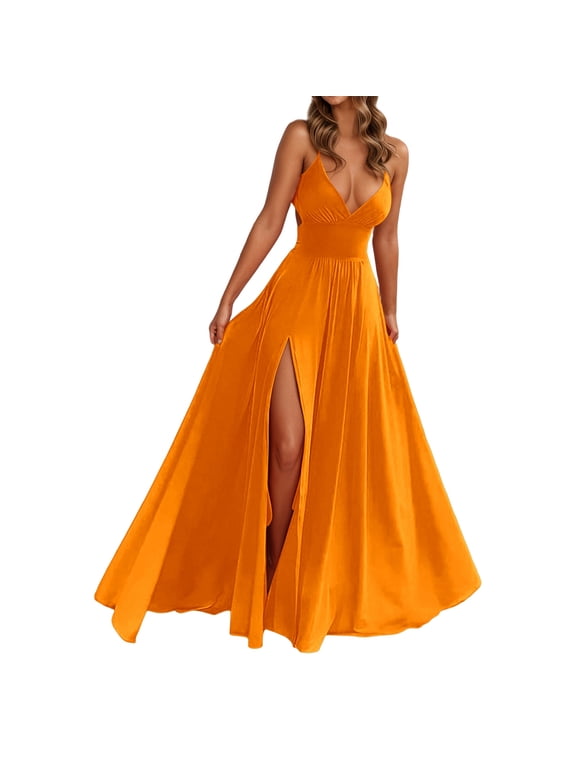 Women's Formal Elegant Sleeveless Dress - V Neck Maxi Long Slit Homecoming Dress for Juniors Evening Party(Watermelon Red/S)