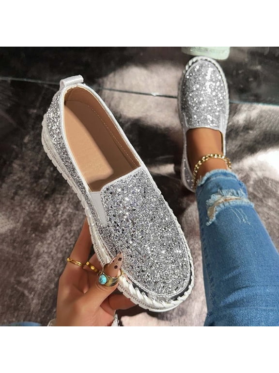 Women's Glitter Shoes Sparkly Lightweight Sequins Tennis Shoes Casual Fashion Comfortable Walking Shoes,Silver,9.5