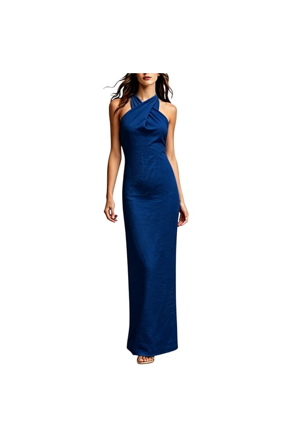 Women's Halter Neck Maxi Dress, Sleeveless Twisted Front Bodycon Long Dress, Formal Wedding Guest Dress for Women(BU2/S)