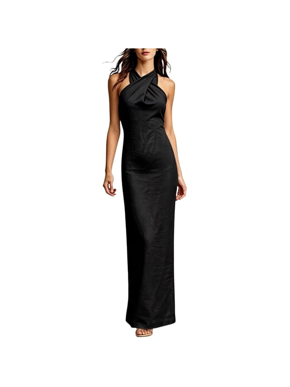 Women's Halter Neck Maxi Dress, Sleeveless Twisted Front Bodycon Long Dress, Formal Cocktail Wedding Guest Dress for Women(Black/M)