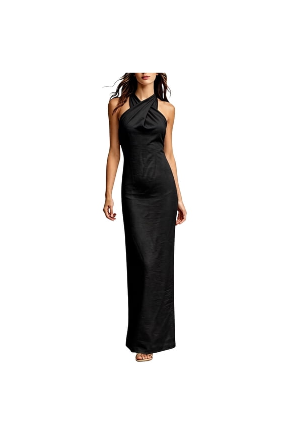Women's Halter Neck Maxi Dress, Sleeveless Twisted Front Bodycon Long Dress, Formal Wedding Guest Dress for Women(Black/S)