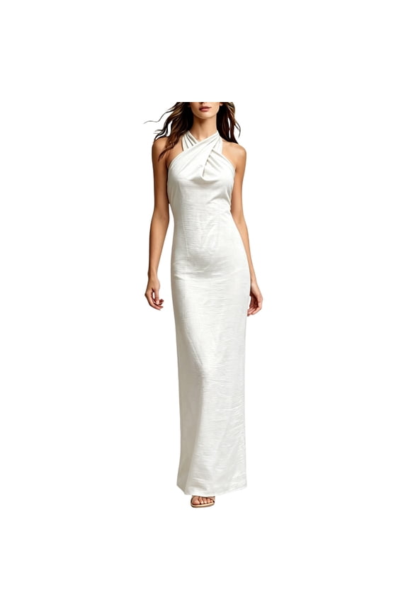 Women's Halter Neck Maxi Dress, Sleeveless Twisted Front Bodycon Long Dress, Formal Wedding Guest Dress for Women(White/S)