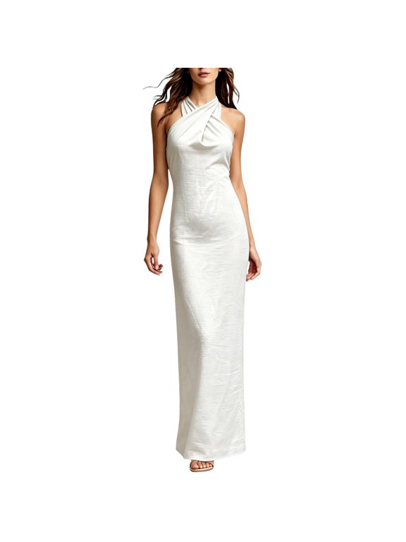 Women's Halter Neck Maxi Dress, Sleeveless Twisted Front Bodycon Long Dress, Formal Wedding Guest Dress for Women(White/XXL)
