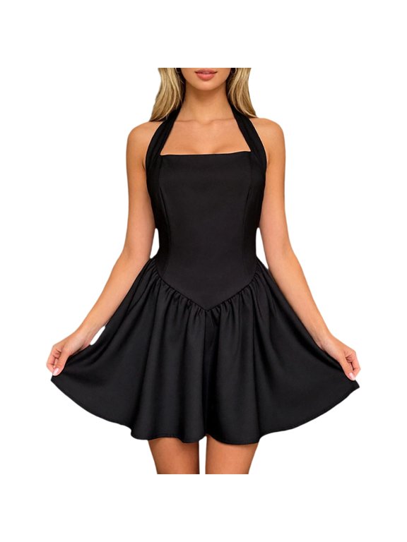 Women's Halter Open-Back A-Line Mini Dress, Sleeveless Ruffle Short Dress for Graduation, Prom, Parties & Casual Summer Wear(Black/L)