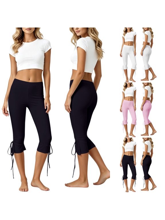 Women's High Waist Capri Leggings, Tie Hem Slim Fit Cropped Yoga Pants, Stretchy Casual Workout Capris for Everyday(Black/M)