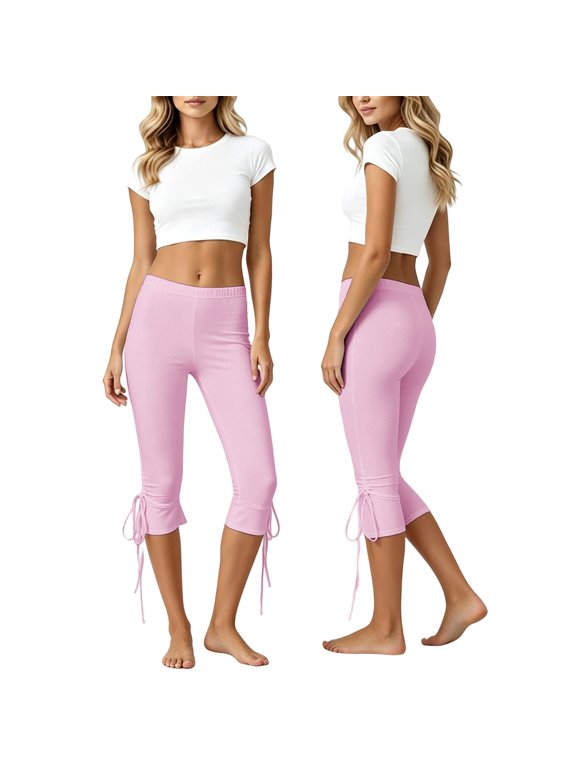Women's High Waist Capri Leggings, Tie Hem Slim Fit Cropped Yoga Pants, Stretchy Casual Workout Capris for Everyday(Pink/M)