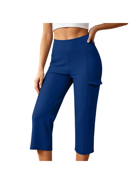 Women's High Waist Capri Yoga Pants with Cargo Pockets, Tummy Control Straight Leg Workout Leggings for Casual, Gym, Running(Dark Blue/M)