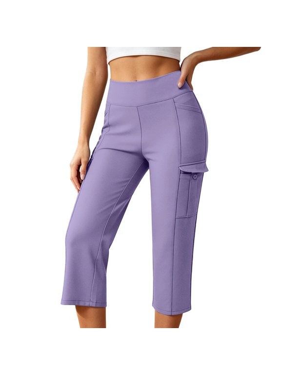 Women's High Waist Capri Yoga Pants with Cargo Pockets, Tummy Control Straight Leg Workout Leggings for Casual, Gym, Running(Purple/M)