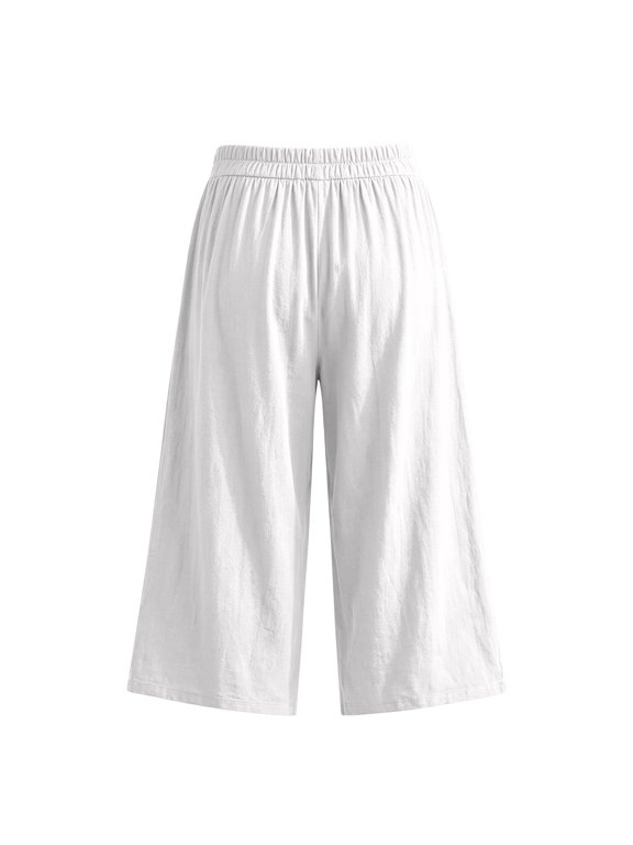 Women's High Waist Linen Capri Pants, Loose Wide Leg Casual Cropped Trousers with Pockets, Elastic Waist Summer Yoga Lounge Pants(White/XXL)