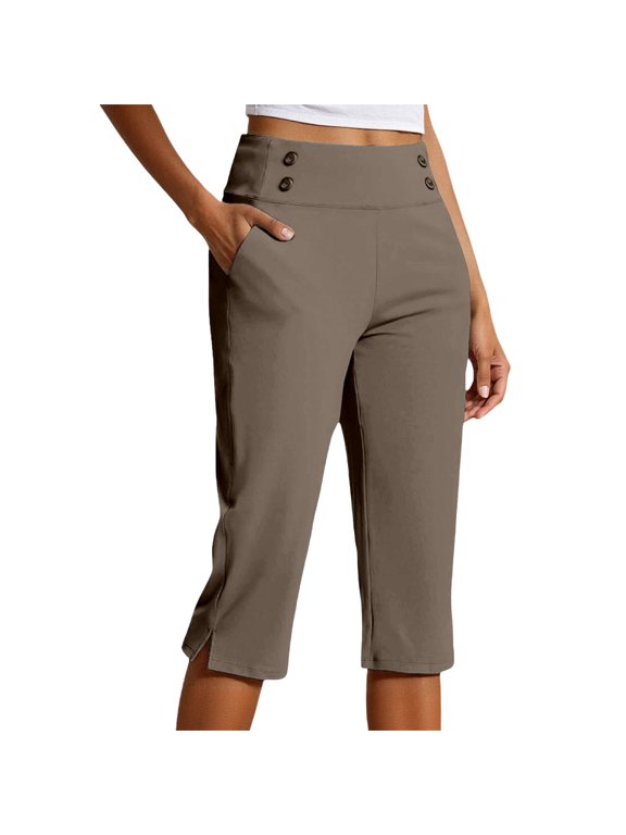 Womens High Waist Stretch Capri Pants, Plus Size Pull-On Cropped Trousers with Pockets, Lightweight Casual Dressy Capris for Golf Work Yoga Everyday Wear(Coffee/L)