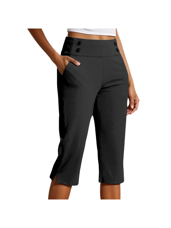 Womens High Waist Stretch Capri Pants, Plus Size Pull-On Cropped Trousers with Pockets, Lightweight Casual Dressy Capris for Golf Work Yoga Everyday Wear(Black/XL)