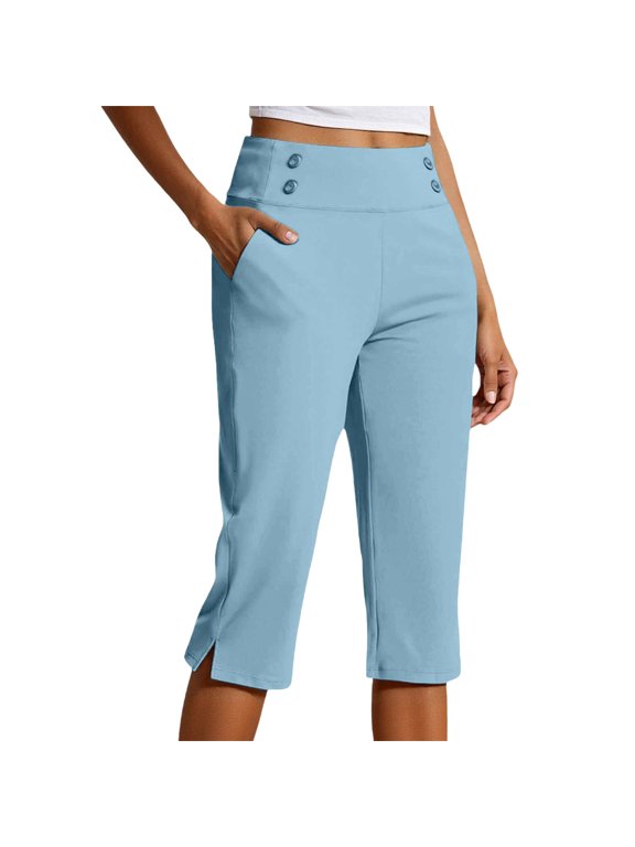 Womens High Waist Stretch Capri Pants, Plus Size Pull-On Cropped Trousers with Pockets, Lightweight Casual Dressy Capris for Golf Work Yoga Everyday Wear(Sky Blue/L)