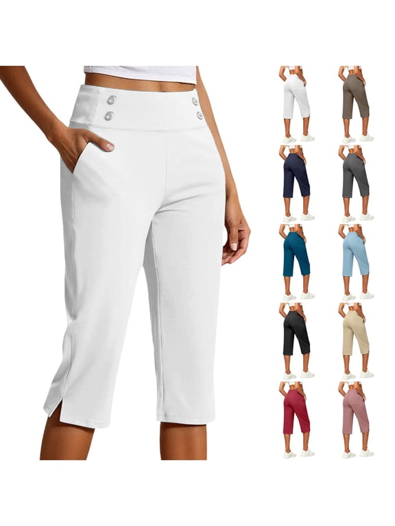 Womens High Waist Stretch Capri Pants, Plus Size Pull-On Cropped Trousers with Pockets, Lightweight Casual Dressy Capris for Golf Work Yoga Everyday Wear(White/XXL)