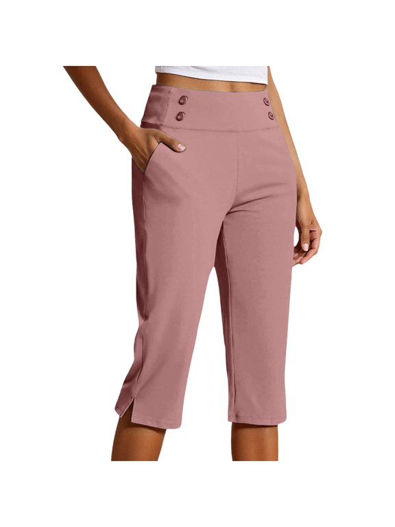 Womens High Waist Stretch Capri Pants, Plus Size Pull-On Cropped Trousers with Pockets, Lightweight Casual Dressy Capris for Golf Work Yoga Everyday Wear(Pink/XXXL)