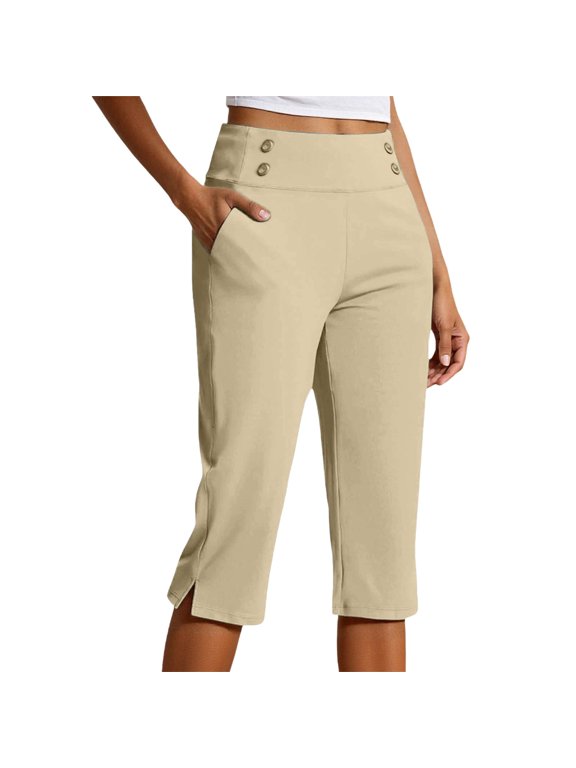 Womens High Waist Stretch Capri Pants, Plus Size Pull-On Cropped Trousers with Pockets, Lightweight Casual Dressy Capris for Golf Work Yoga Everyday Wear(Beige/M)