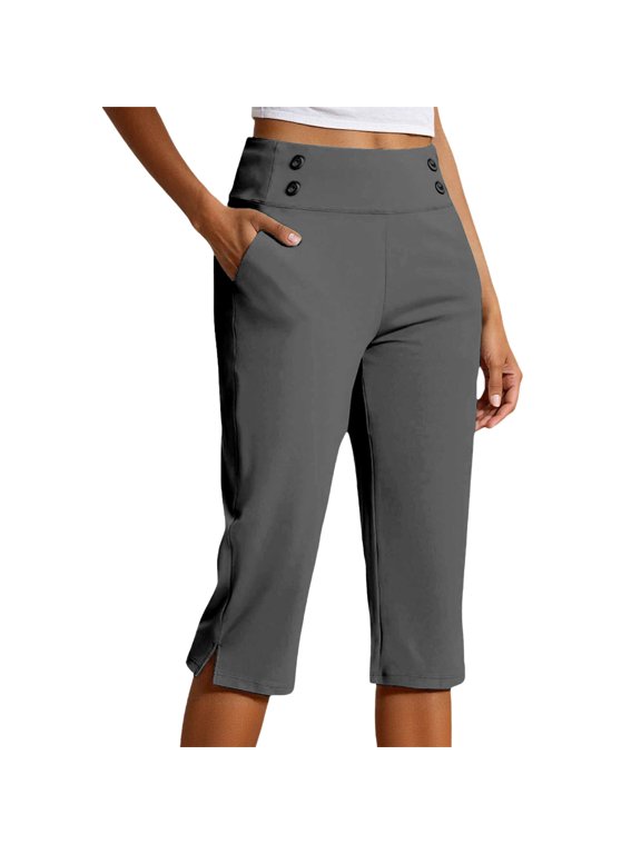 Womens High Waist Stretch Capri Pants, Plus Size Pull-On Cropped Trousers with Pockets, Lightweight Casual Dressy Capris for Golf Work Yoga Everyday Wear(Grey/XXXXL)
