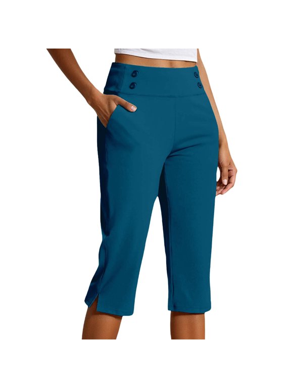 Womens High Waist Stretch Capri Pants, Plus Size Pull-On Cropped Trousers with Pockets, Lightweight Casual Dressy Capris for Golf Work Yoga Everyday Wear(Blue/XL)