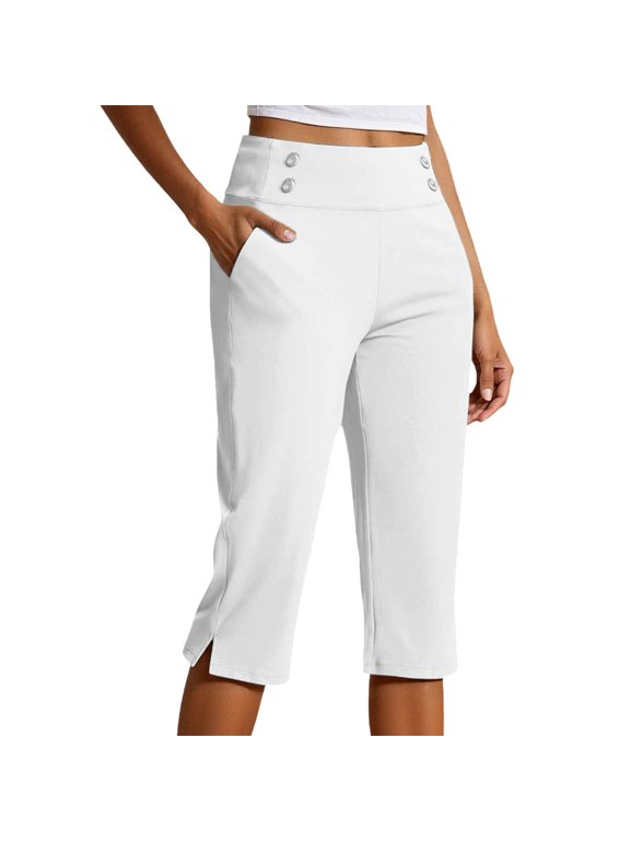 Womens High Waist Stretch Capri Pants, Plus Size Pull-On Cropped Trousers with Pockets, Lightweight Casual Dressy Capris for Golf Work Yoga Everyday Wear(White/M)