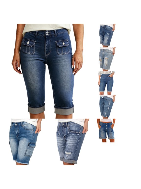 Women's High Waist Stretch Cargo Pocket Capri Jeans, Slim Fit Roll Denim Cropped Pants for Summer Daily Casual Wear(Blue/26)