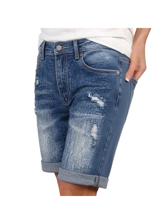 Women's High Waist Stretch Cargo Pocket Capri Jeans, Slim Fit Roll Denim Cropped Pants for Summer Daily Casual Wear(Blue1/XL)