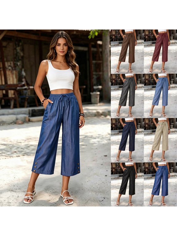 Women's High Waisted Cropped Wide Leg Pants, Elastic Drawstring Waist Casual Capri Pants with Pockets, Lightweight Summer Trousers(BU1/S)