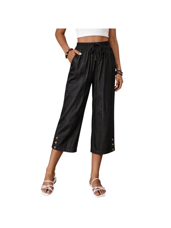 Women's High Waisted Cropped Wide Leg Pants, Elastic Drawstring Waist Casual Capri Pants with Pockets, Lightweight Summer Trousers(Black/S)